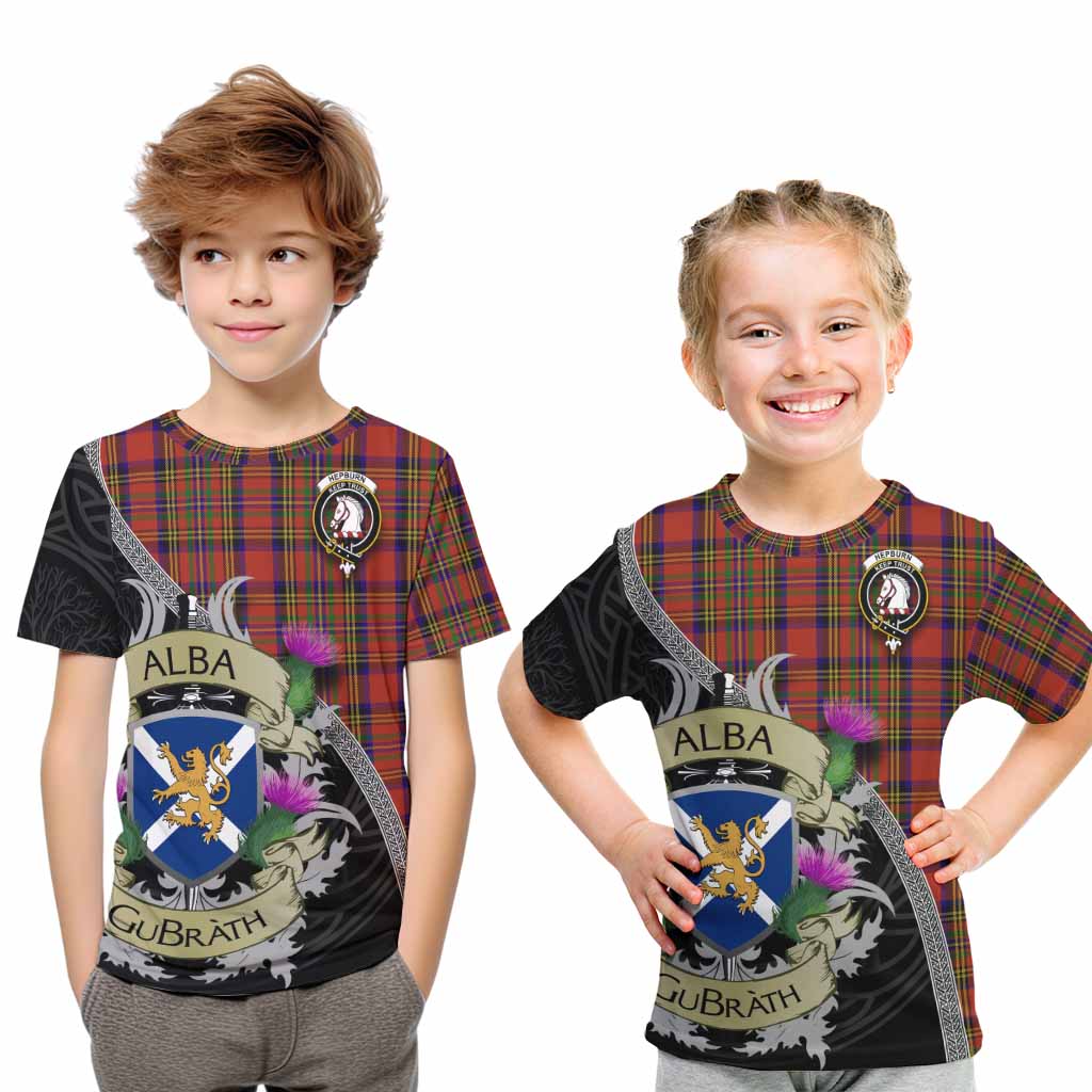 Tartan Vibes Clothing Hepburn Tartan Family Crest Kid T-Shirt Lion Rampant Royal Thistle Shield Celtic Inspired