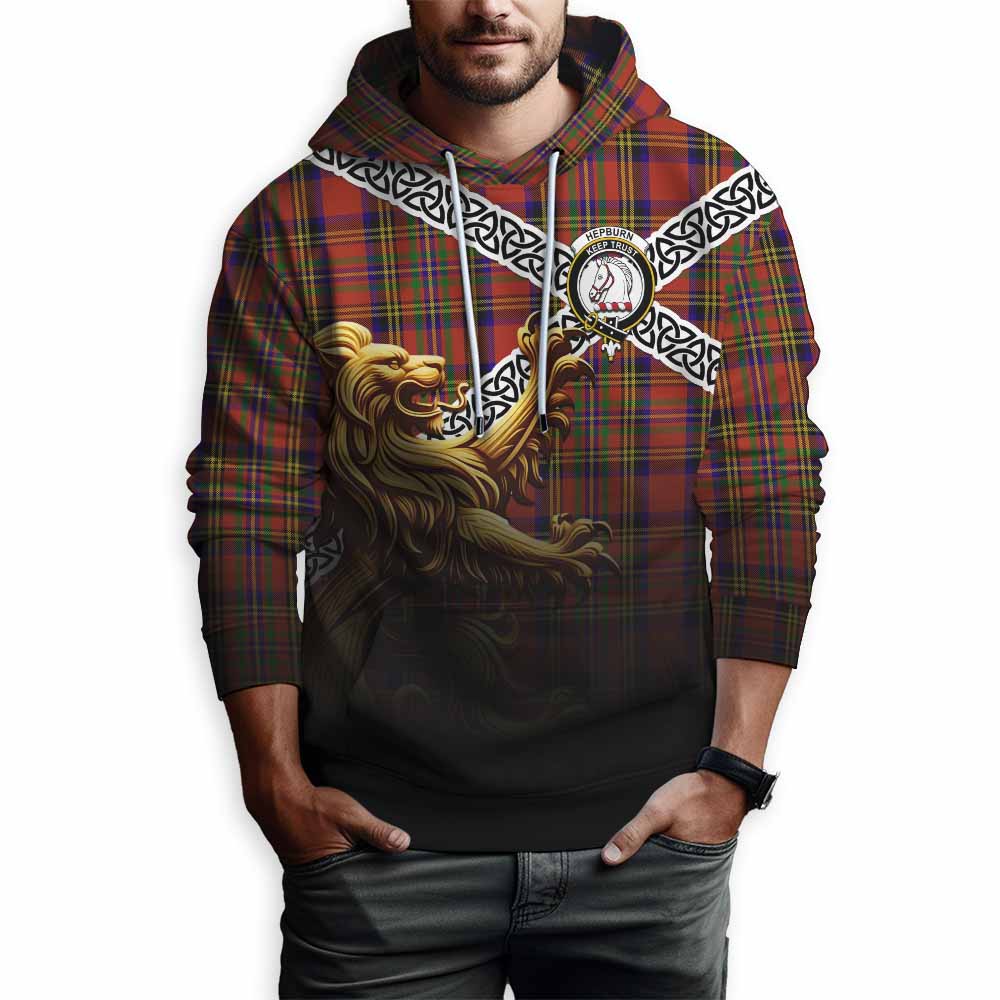 Tartan Vibes Clothing Hepburn Crest Tartan Hoodie with Golden Lion Emblem Celtic Style