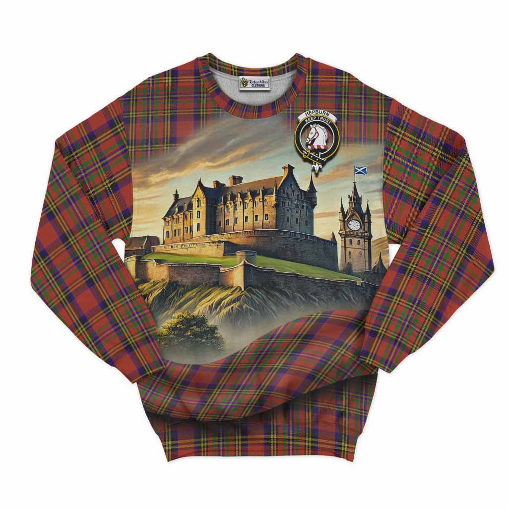 Tartan Vibes Clothing Hepburn Tartan Family Crest Sweatshirt with Scottish Ancient Castle Style