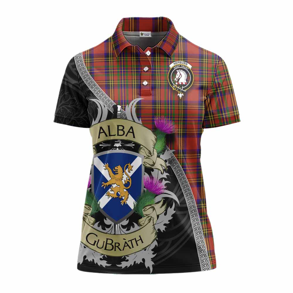Tartan Vibes Clothing Hepburn Tartan Family Crest Women's Polo Shirt Lion Rampant Royal Thistle Shield Celtic Inspired