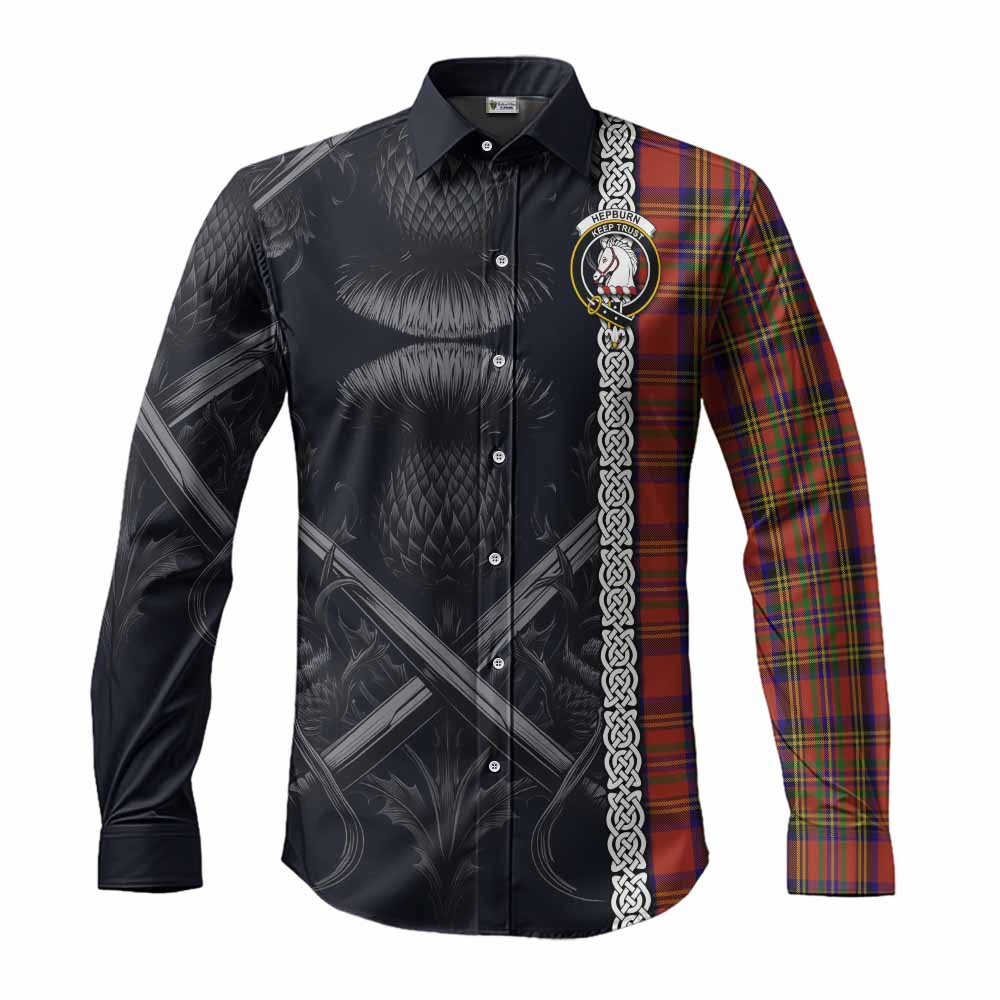 Tartan Vibes Clothing Hepburn Tartan Long Sleeve Button Shirt with Family Crest Cross Sword Thistle Celtic Vibes