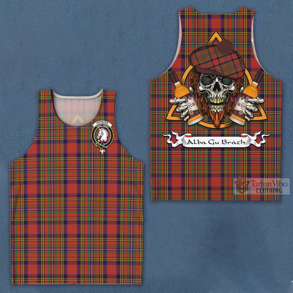 Tartan Vibes Clothing Hepburn Tartan Men's Tank Top with Family Crest and Bearded Skull Holding Bottles of Whiskey