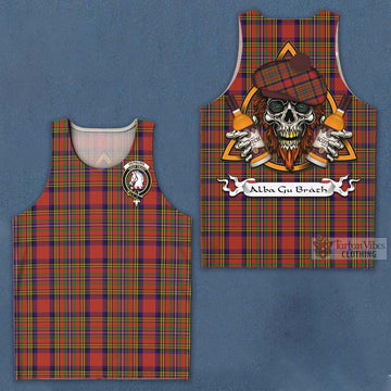 Hepburn Tartan Men's Tank Top with Family Crest and Bearded Skull Holding Bottles of Whiskey