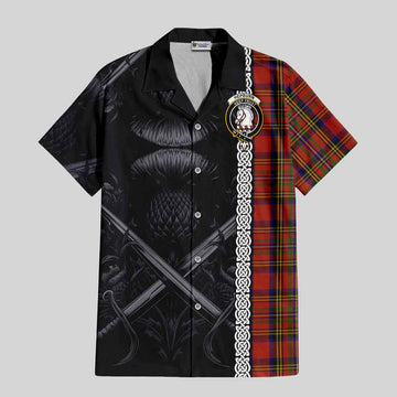 Tartan Vibes Clothing Hepburn Tartan Short Sleeve Button Shirt with Family Crest Cross Sword Thistle Celtic Vibes