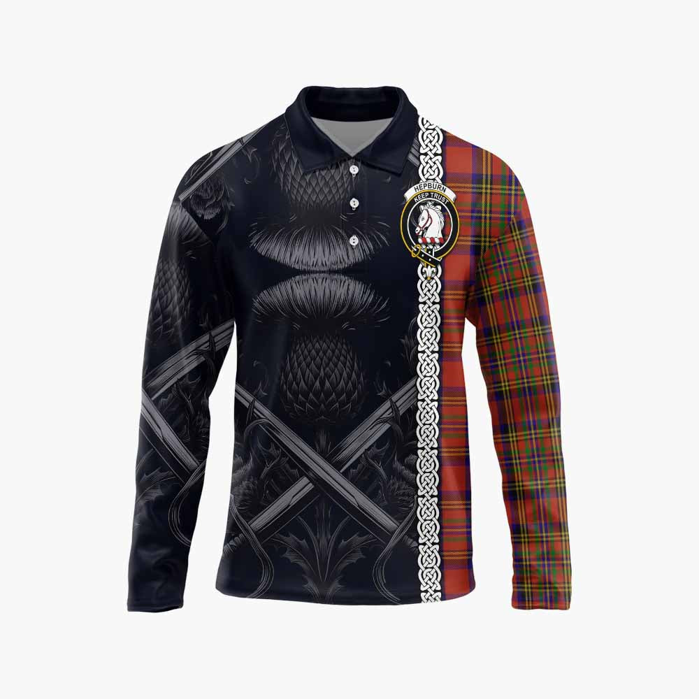 Tartan Vibes Clothing Hepburn Tartan Long Sleeve Polo Shirt with Family Crest Cross Sword Thistle Celtic Vibes