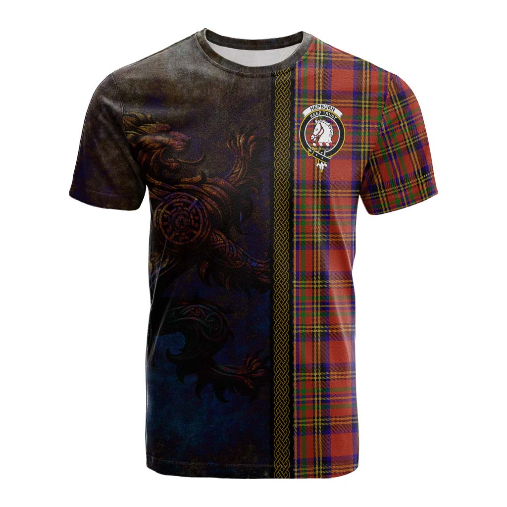 Tartan Vibes Clothing Hepburn Tartan Family Crest Cotton T-shirt Alba Gu Brath Be Brave Lion Ancient Style