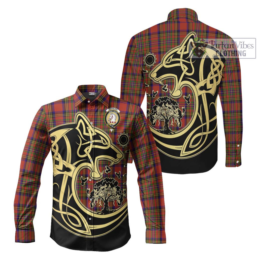 Hepburn Tartan Long Sleeve Button Shirt with Family Crest Celtic Wolf Style Men's Shirt S - Tartan Vibes Clothing