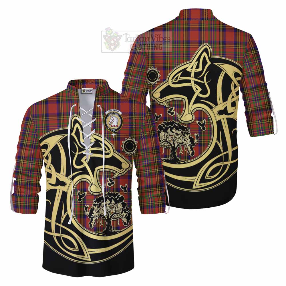 Tartan Vibes Clothing Hepburn Tartan Ghillie Kilt Shirt with Family Crest Celtic Wolf Style