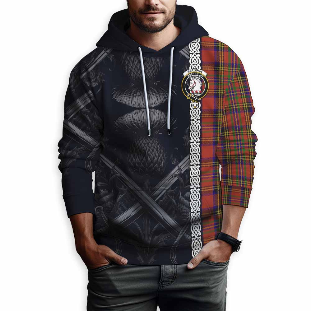 Tartan Vibes Clothing Hepburn Tartan Hoodie with Family Crest Cross Sword Thistle Celtic Vibes