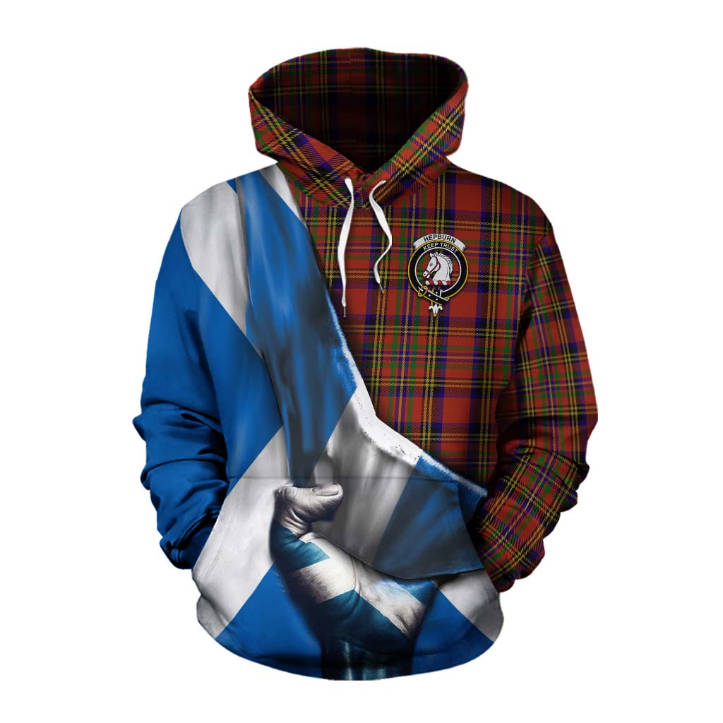 Tartan Vibes Clothing Hepburn Tartan Cotton Hoodie with Family Crest Scotland Patriotic Style