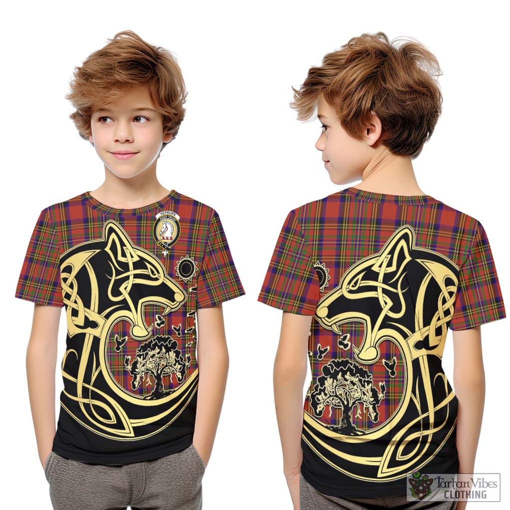 Hepburn Tartan Kid T-Shirt with Family Crest Celtic Wolf Style Youth XL Size14 - Tartan Vibes Clothing