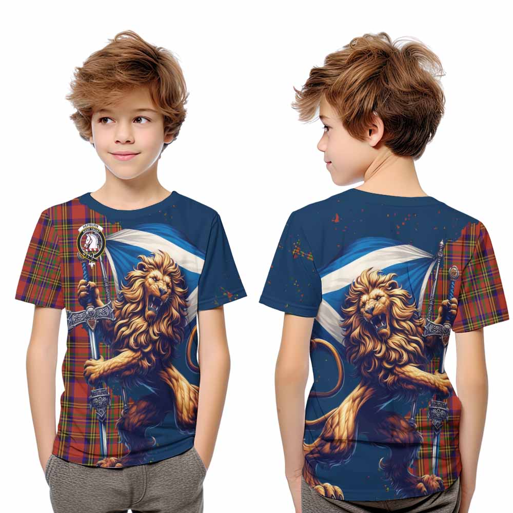 Tartan Vibes Clothing Hepburn Tartan Family Crest Kid T-Shirt with Scottish Majestic Lion