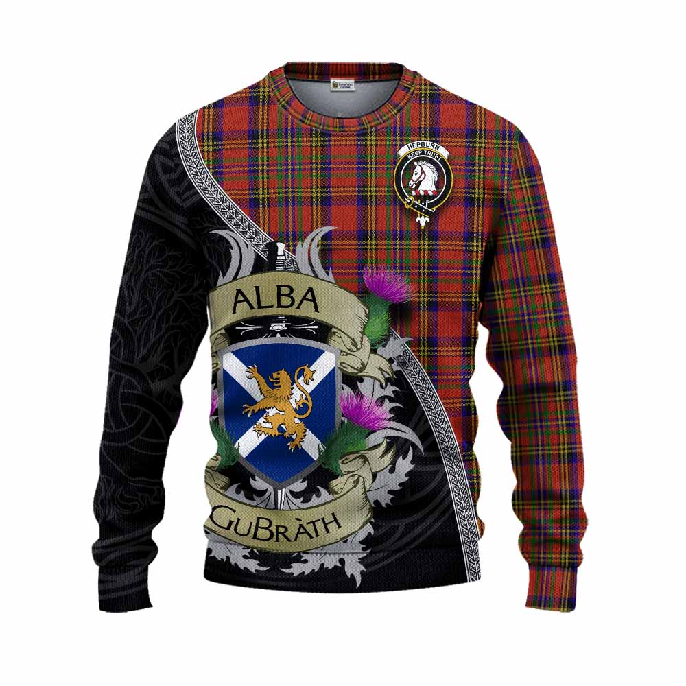 Tartan Vibes Clothing Hepburn Tartan Family Crest Knitted Sweater Lion Rampant Royal Thistle Shield Celtic Inspired
