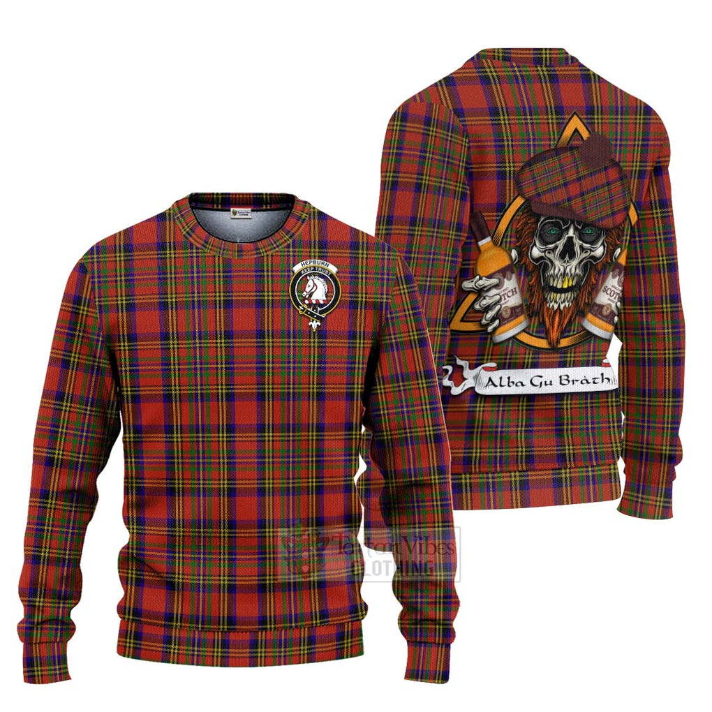 Tartan Vibes Clothing Hepburn Tartan Knitted Sweater with Family Crest and Bearded Skull Holding Bottles of Whiskey