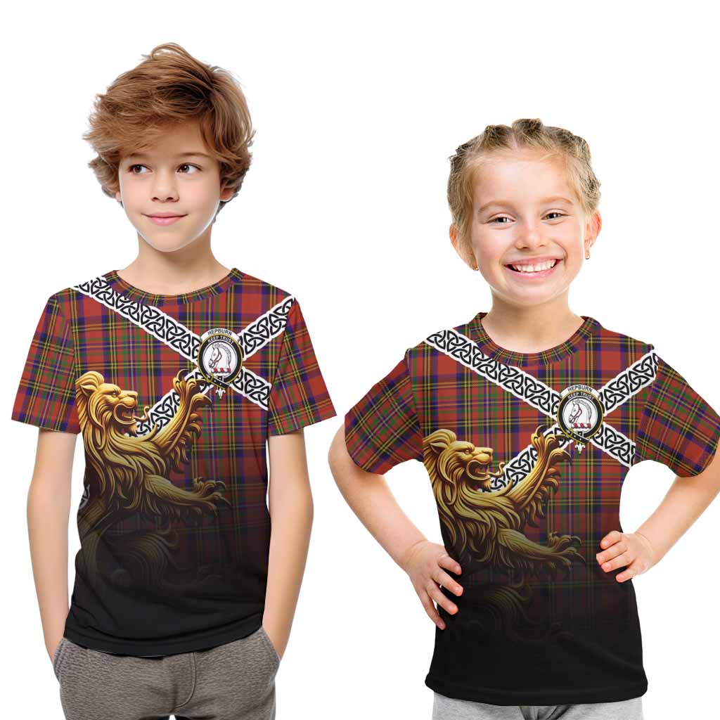 Tartan Vibes Clothing Hepburn Crest Tartan Kid T-Shirt with Golden Lion Emblem Celtic Style