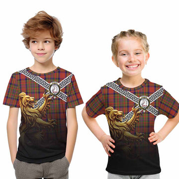 Hepburn Crest Tartan Kid T-Shirt with Golden Lion Emblem Celtic Style