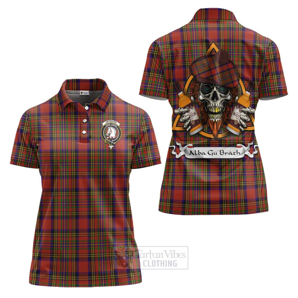 Tartan Vibes Clothing Hepburn Tartan Women's Polo Shirt with Family Crest and Bearded Skull Holding Bottles of Whiskey