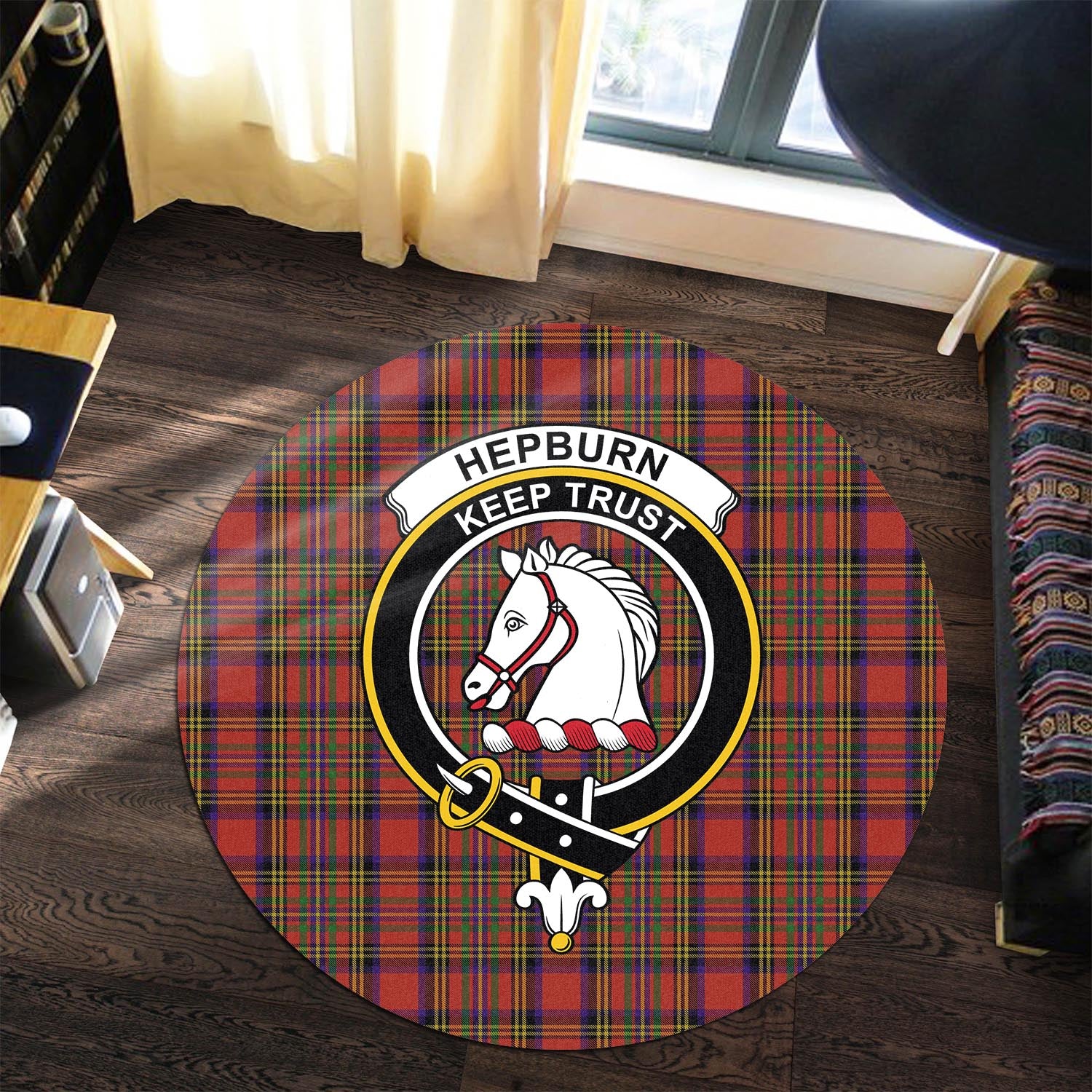 hepburn-tartan-round-rug-with-family-crest
