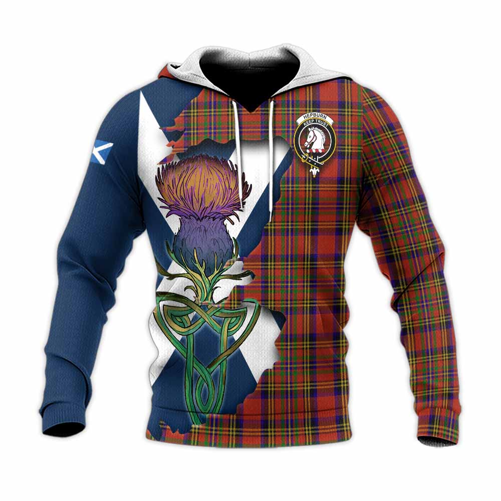 Tartan Vibes Clothing Hepburn Tartan Family Crest Knitted Hoodie Scottish Thistle Celtic Inspired