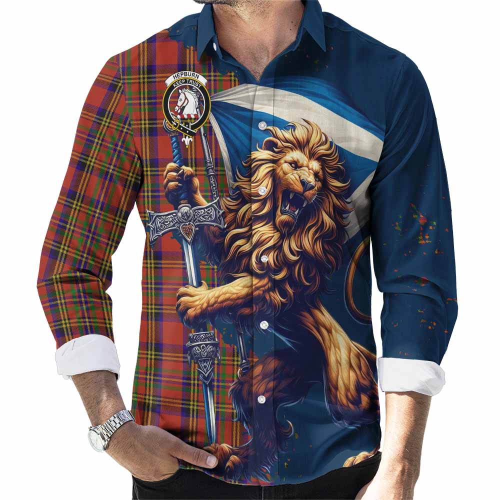 Tartan Vibes Clothing Hepburn Tartan Family Crest Long Sleeve Button Shirt with Scottish Majestic Lion