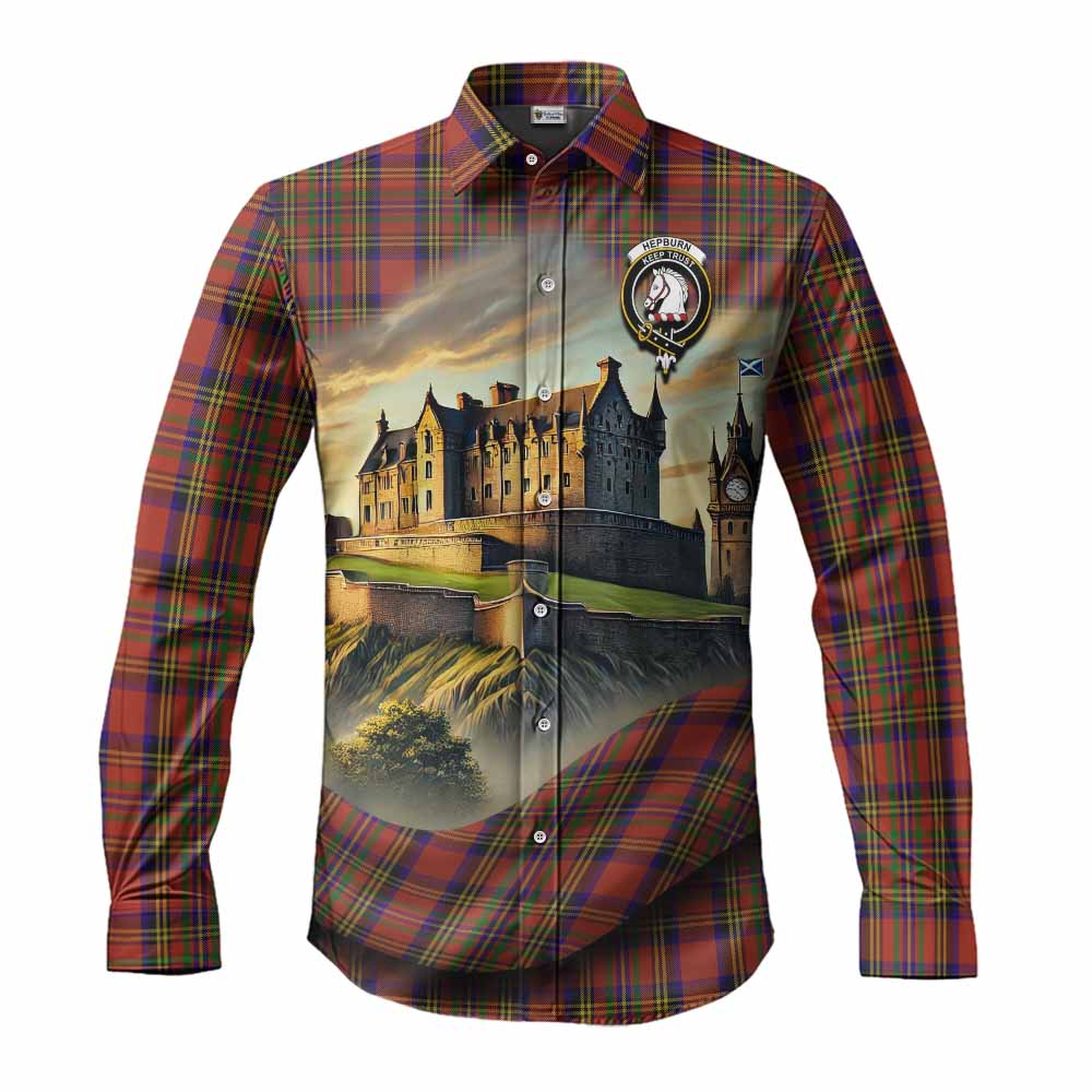Tartan Vibes Clothing Hepburn Tartan Family Crest Long Sleeve Button Shirt with Scottish Ancient Castle Style