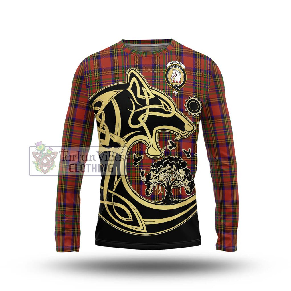 Hepburn Tartan Long Sleeve T-Shirt with Family Crest Celtic Wolf Style Unisex - Tartan Vibes Clothing