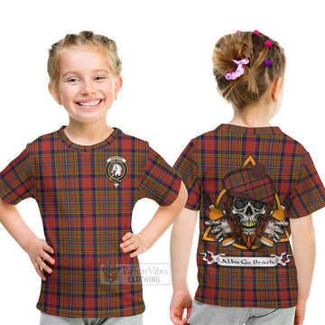 Tartan Vibes Clothing Hepburn Tartan Kid T-Shirt with Family Crest and Bearded Skull Holding Bottles of Whiskey