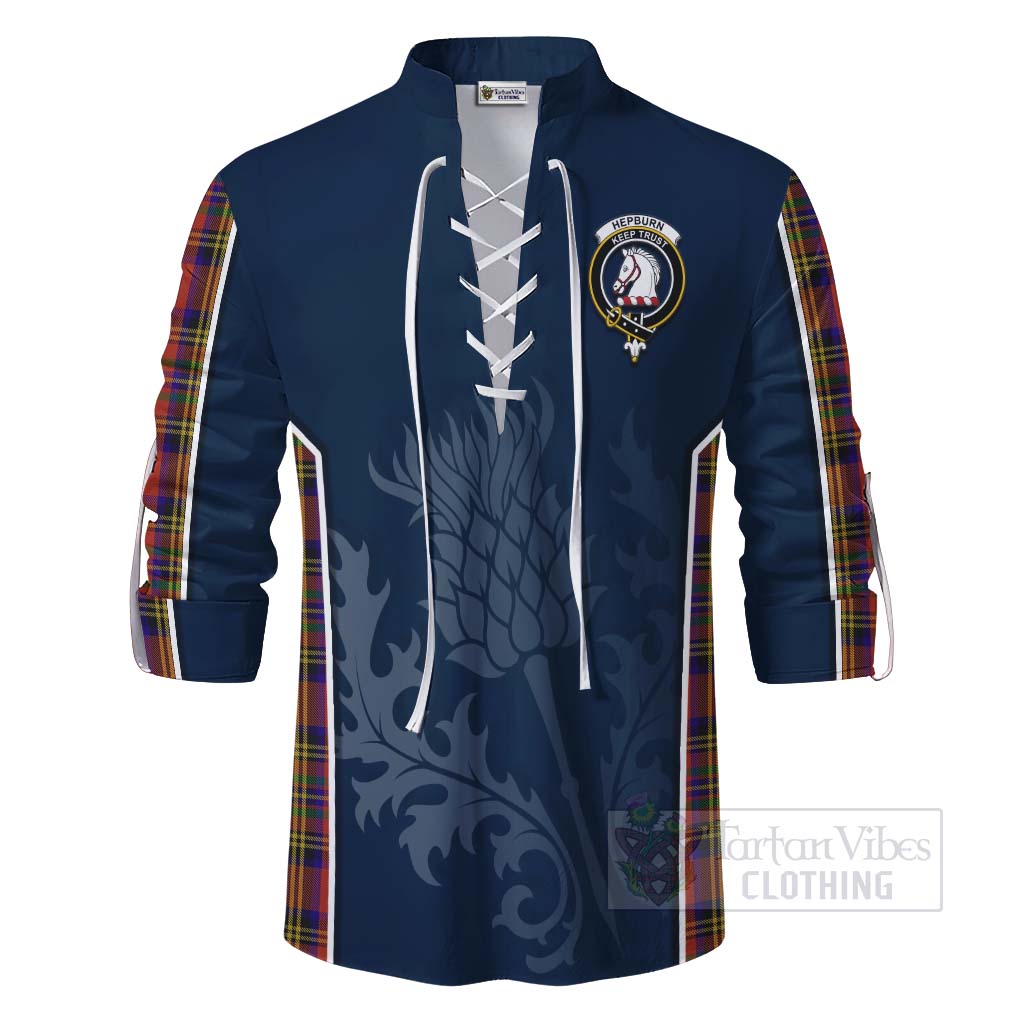 Tartan Vibes Clothing Hepburn Tartan Ghillie Kilt Shirt with Family Crest and Scottish Thistle Vibes Sport Style