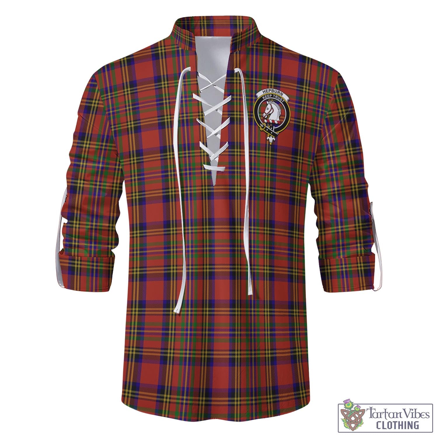 Tartan Vibes Clothing Hepburn Tartan Men's Scottish Traditional Jacobite Ghillie Kilt Shirt with Family Crest