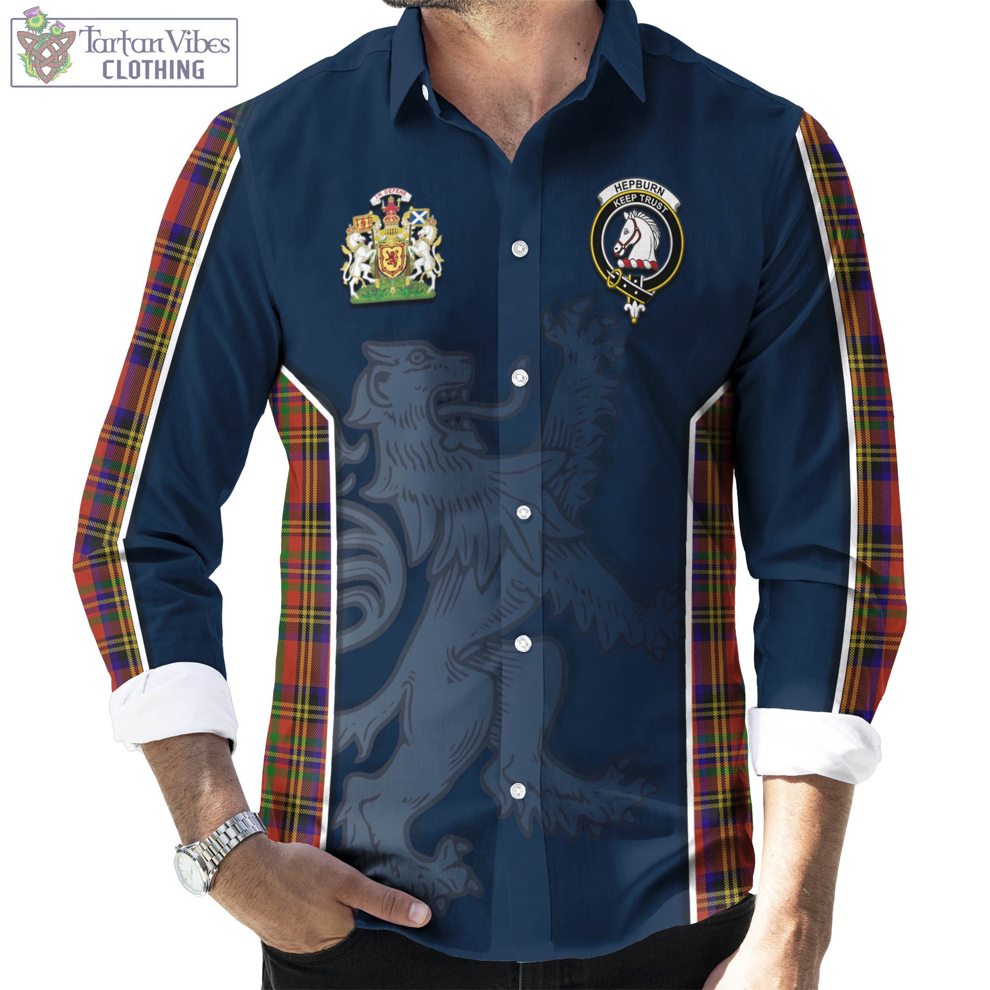 Tartan Vibes Clothing Hepburn Tartan Long Sleeve Button Up Shirt with Family Crest and Lion Rampant Vibes Sport Style