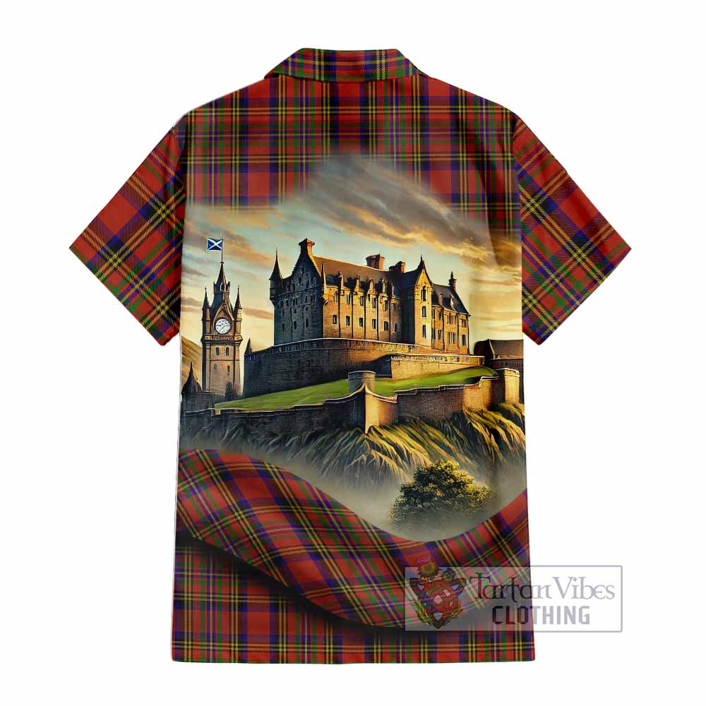 Tartan Vibes Clothing Hepburn Tartan Family Crest Short Sleeve Button Shirt with Scottish Ancient Castle Style