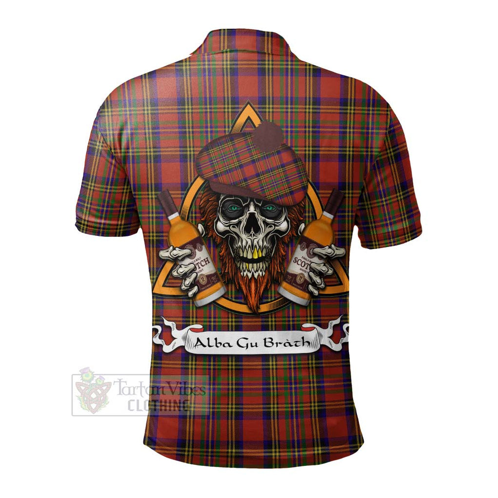Tartan Vibes Clothing Hepburn Tartan Polo Shirt with Family Crest and Bearded Skull Holding Bottles of Whiskey