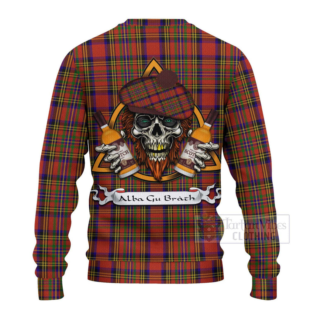 Tartan Vibes Clothing Hepburn Tartan Knitted Sweater with Family Crest and Bearded Skull Holding Bottles of Whiskey