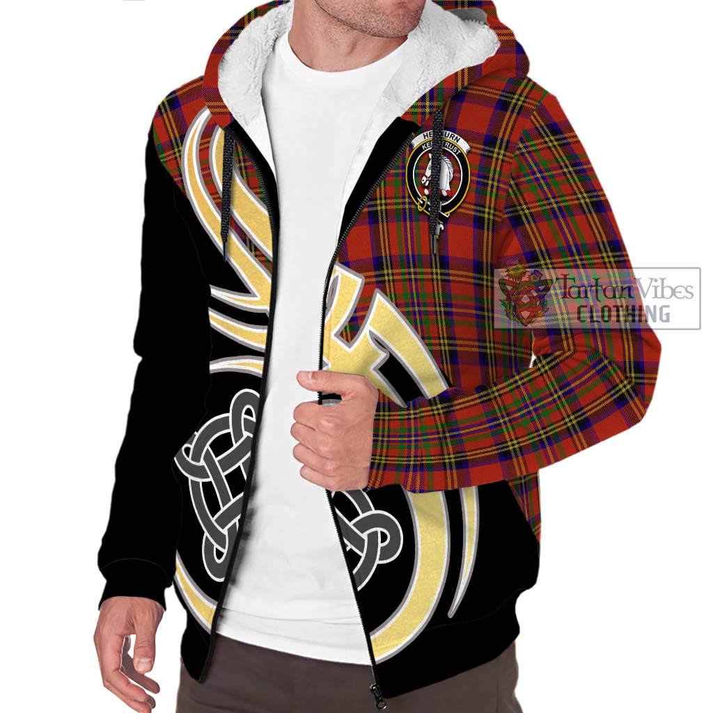 Hepburn Tartan Sherpa Hoodie with Family Crest and Celtic Symbol Style - Tartan Vibes Clothing