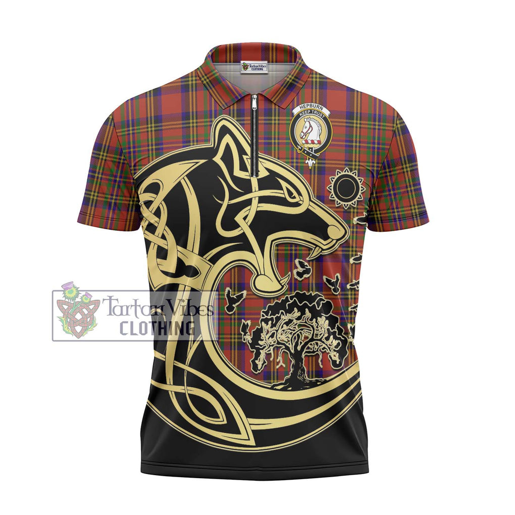Hepburn Tartan Zipper Polo Shirt with Family Crest Celtic Wolf Style - Tartanvibesclothing Shop