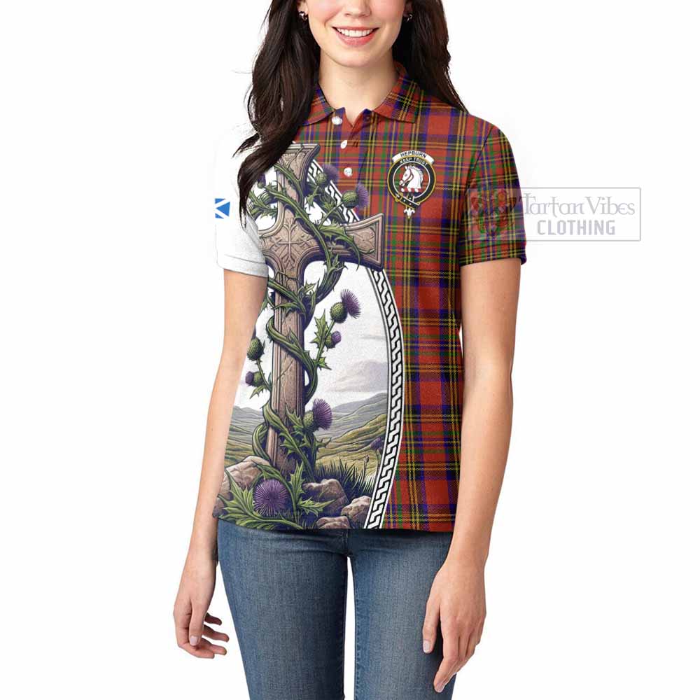Tartan Vibes Clothing Hepburn Tartan Women's Polo Shirt with Family Crest and St. Andrew's Cross Accented by Thistle Vines