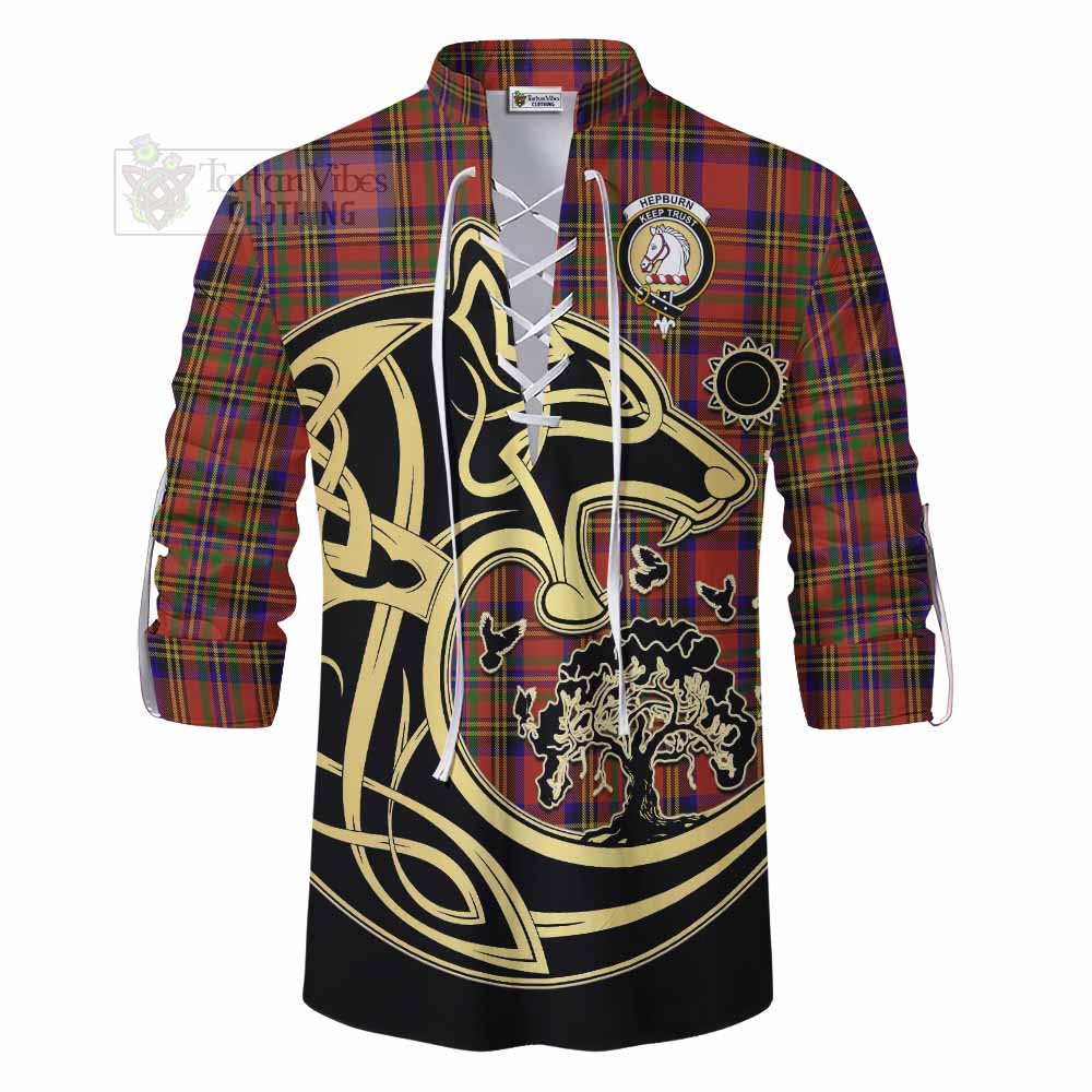 Tartan Vibes Clothing Hepburn Tartan Ghillie Kilt Shirt with Family Crest Celtic Wolf Style