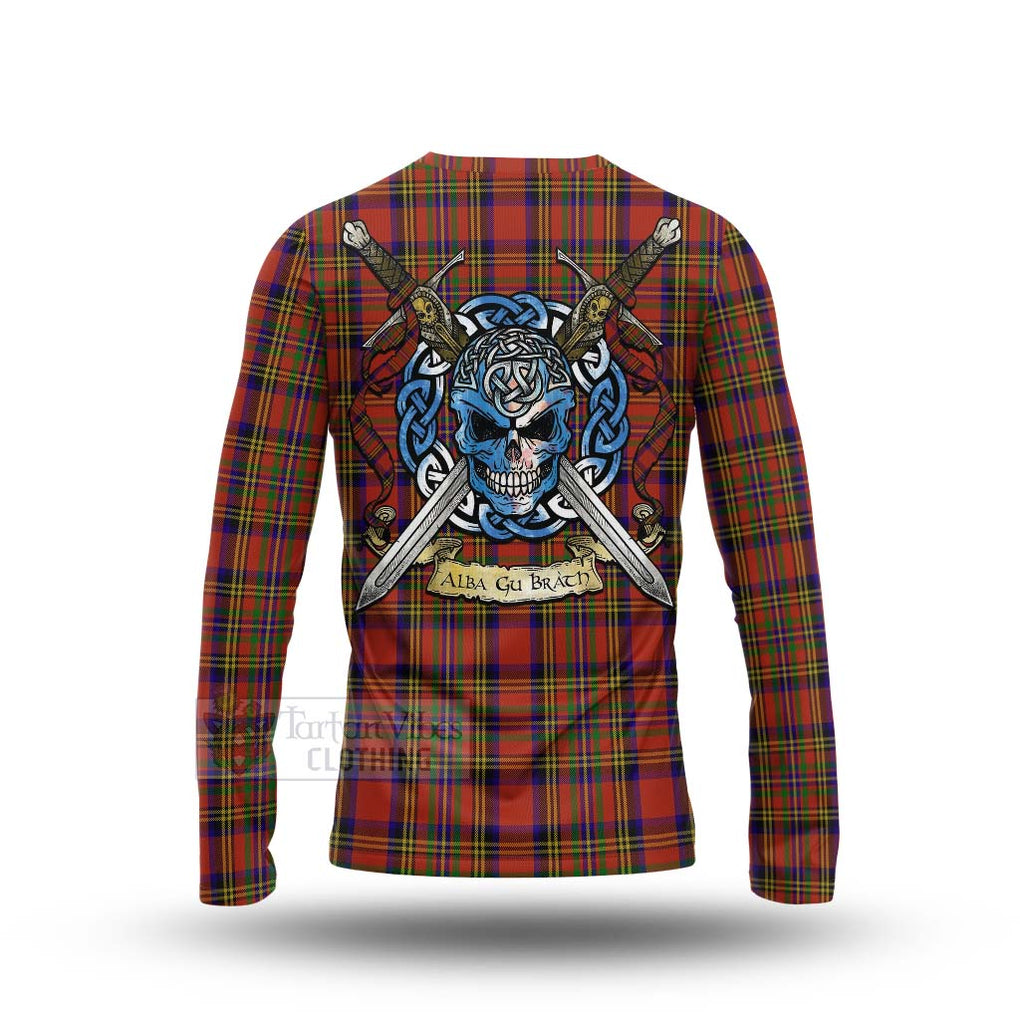 Tartan Vibes Clothing Hepburn Tartan Long Sleeve T-Shirt with Family Crest Celtic Skull Style