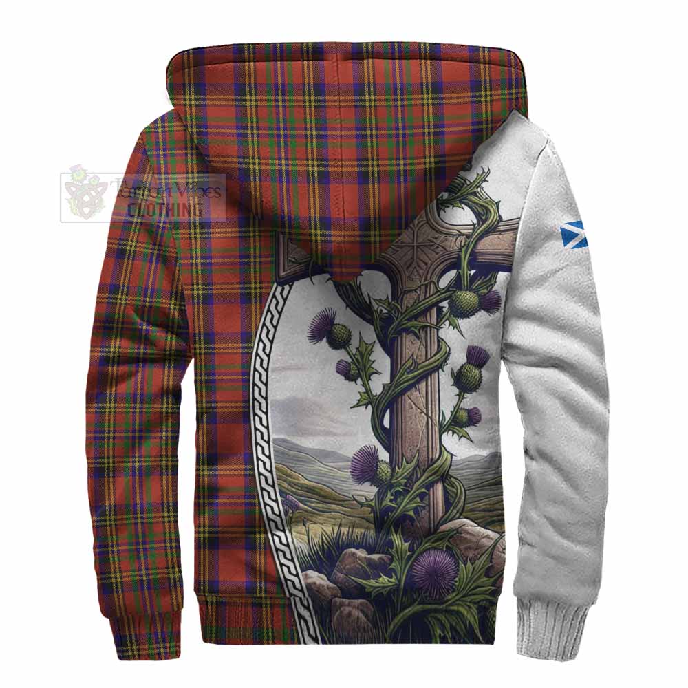 Tartan Vibes Clothing Hepburn Tartan Sherpa Hoodie with Family Crest and St. Andrew's Cross Accented by Thistle Vines