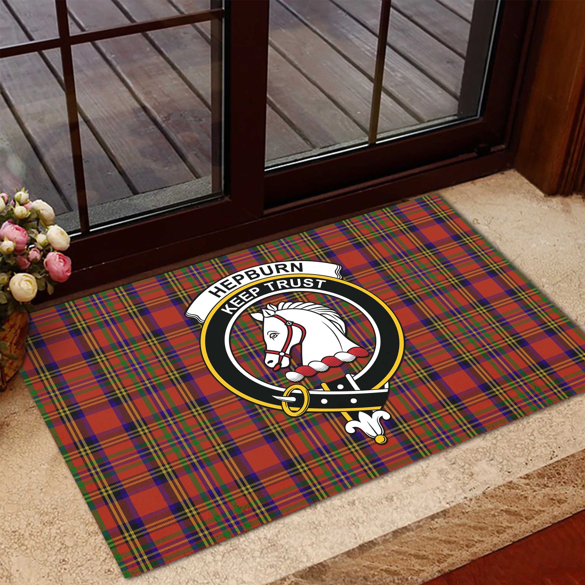 Hepburn Tartan Rubber Doormat with Family Crest - Tartan Vibes Clothing
