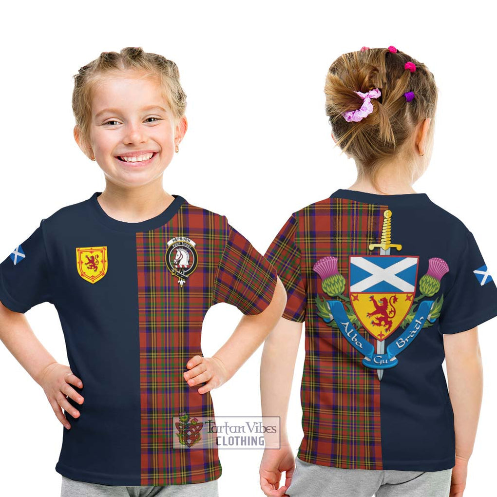 Tartan Vibes Clothing Hepburn Tartan Kid T-Shirt with Scottish Lion Royal Arm Half Style