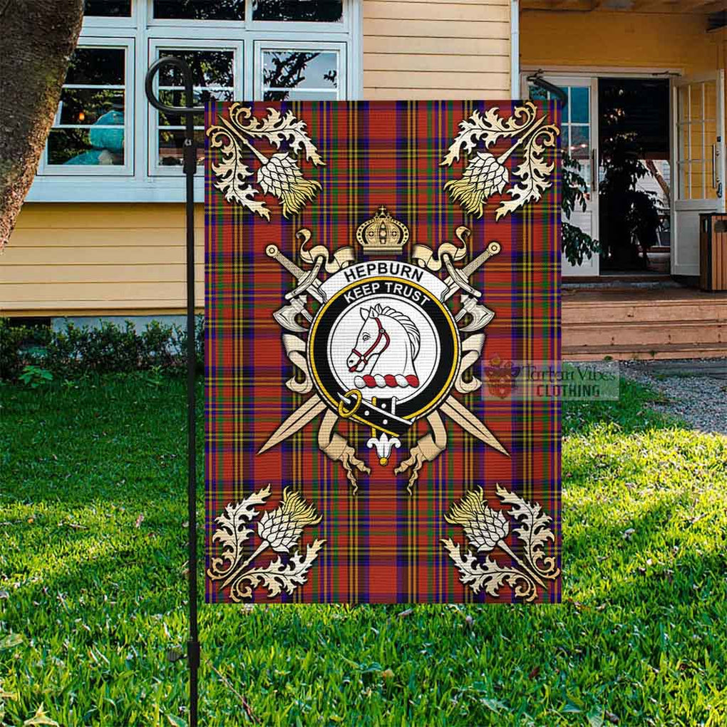 Tartan Vibes Clothing Hepburn Tartan Flag with Family Crest and Golden Thistle Crossed Sword Design