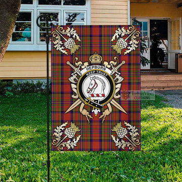 Hepburn Tartan Garden Flag with Family Crest and Golden Thistle Crossed Sword Design