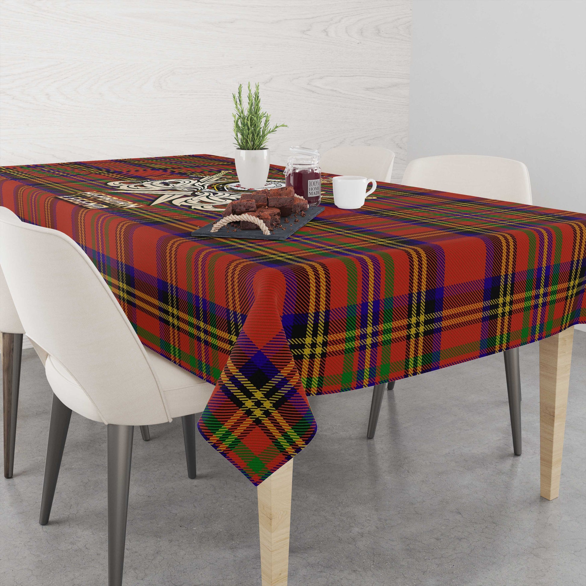 Tartan Vibes Clothing Hepburn Tartan Tablecloth with Clan Crest and the Golden Sword of Courageous Legacy