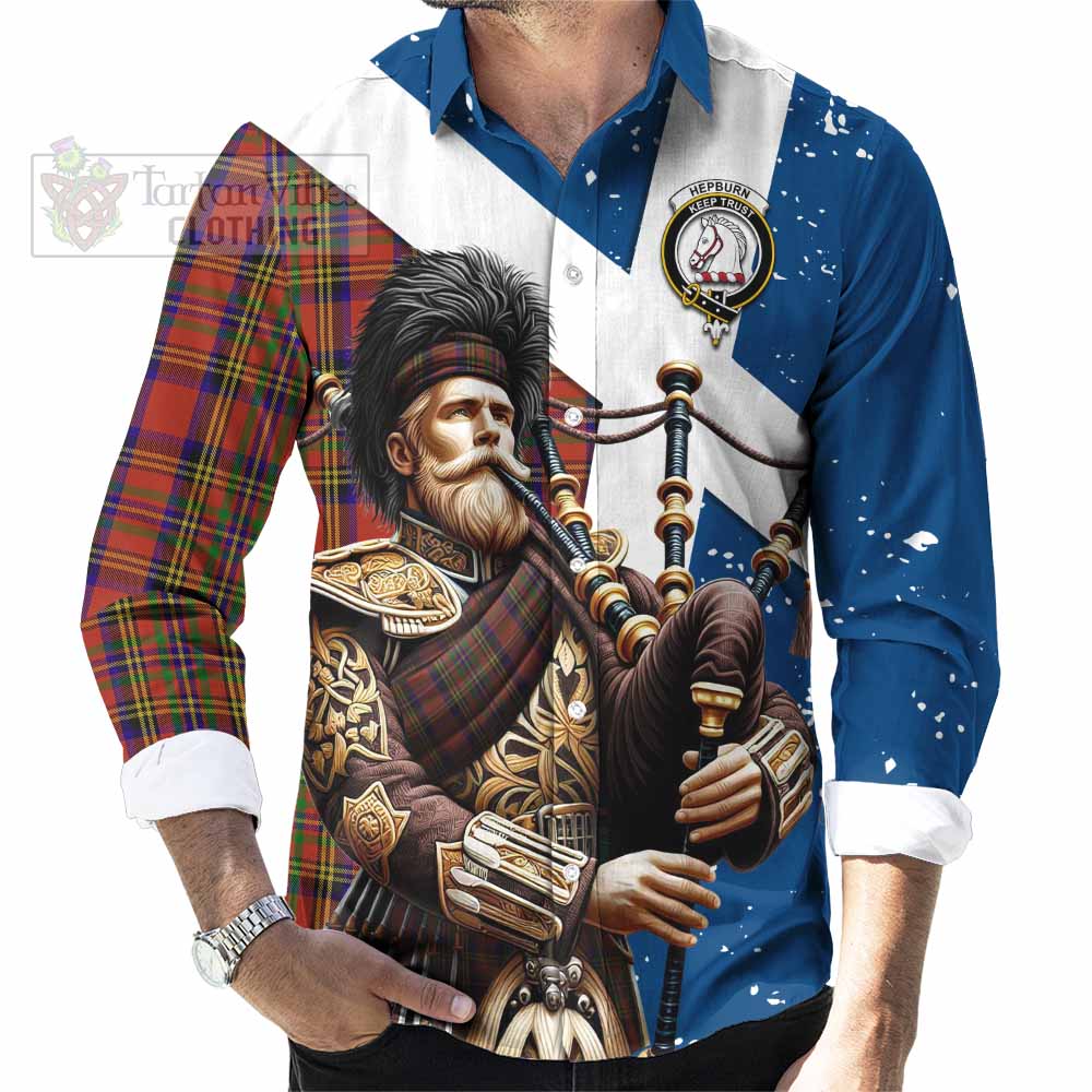 Tartan Vibes Clothing Hepburn Tartan Long Sleeve Button Shirt with Family Crest Scottish Bagpiper Vibes