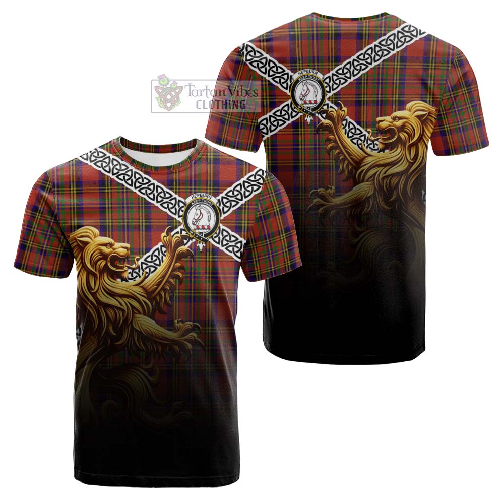Tartan Vibes Clothing Hepburn Crest Tartan Cotton T-shirt with Golden Lion Emblem Celtic Style