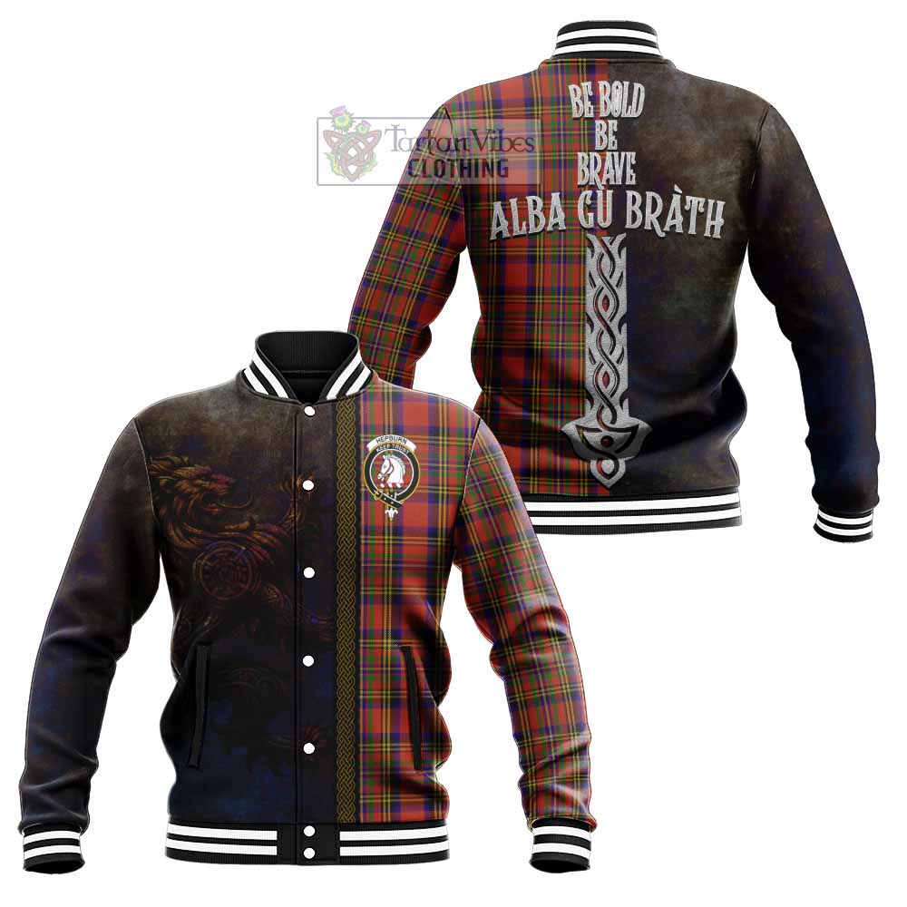 Tartan Vibes Clothing Hepburn Tartan Family Crest Baseball Jacket Alba Gu Brath Be Brave Lion Ancient Style