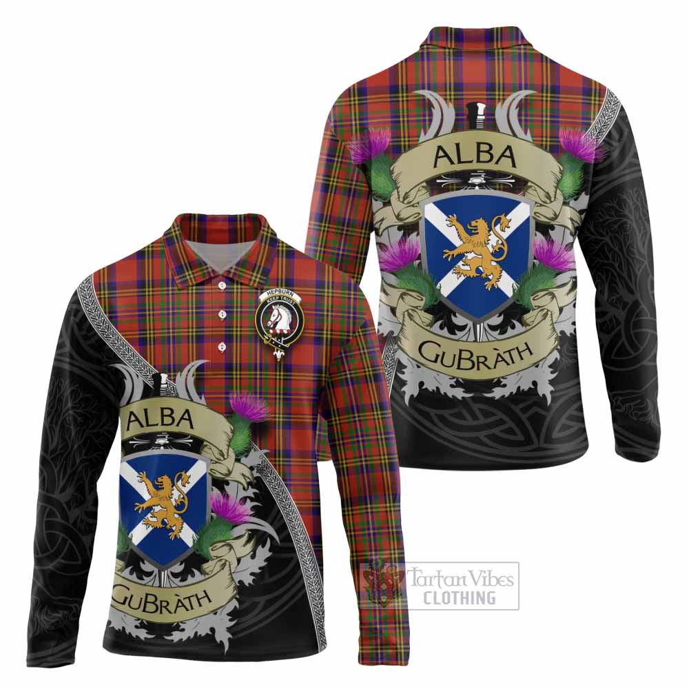 Tartan Vibes Clothing Hepburn Tartan Family Crest Long Sleeve Polo Shirt Lion Rampant Royal Thistle Shield Celtic Inspired
