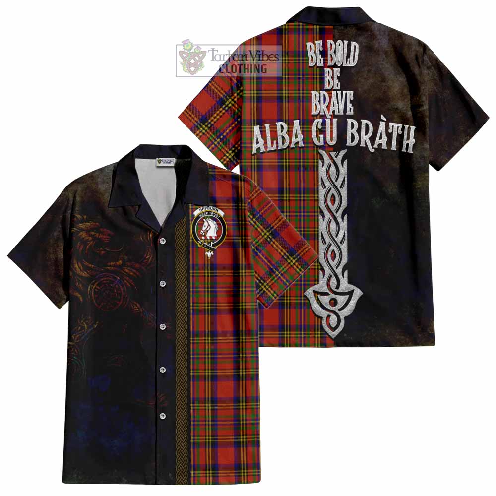 Tartan Vibes Clothing Hepburn Tartan Family Crest Short Sleeve Button Shirt Alba Gu Brath Be Brave Lion Ancient Style