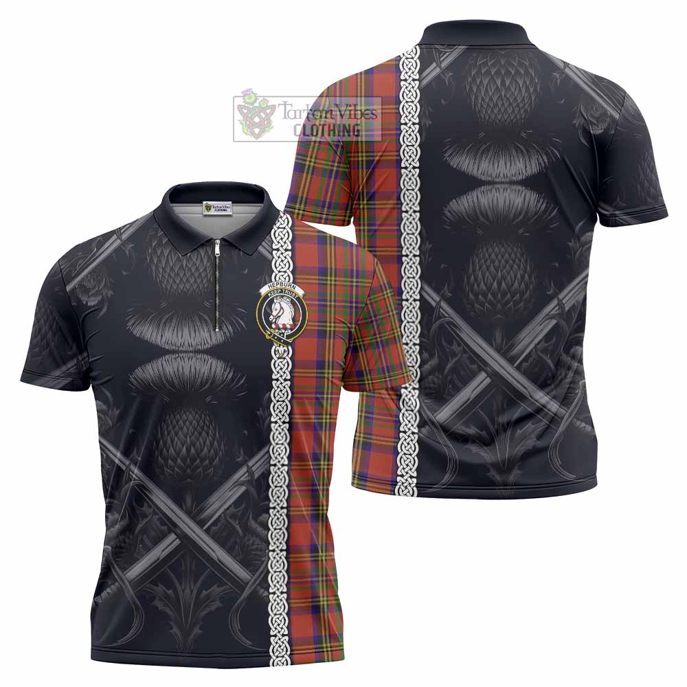 Tartan Vibes Clothing Hepburn Tartan Zipper Polo Shirt with Family Crest Cross Sword Thistle Celtic Vibes